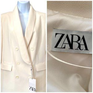 Zara Long Double Breasted Blazer Cream Ecru NEW